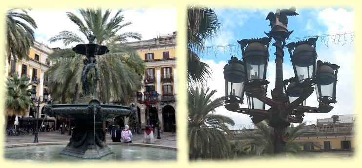 Barcelona - Drei-Grazien-Brunnen - rechts: Straenlaterne von  Antoni Gaudi