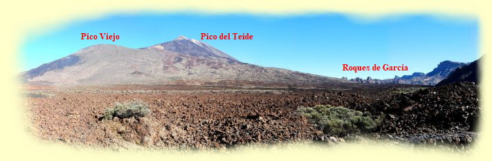 in der Mitte thront der Pico del Teide beralles, links daneben der Pico Viejo mit seinen 3135 m und rechts der Roques de Garcia oder einfach: Los Roques genannt